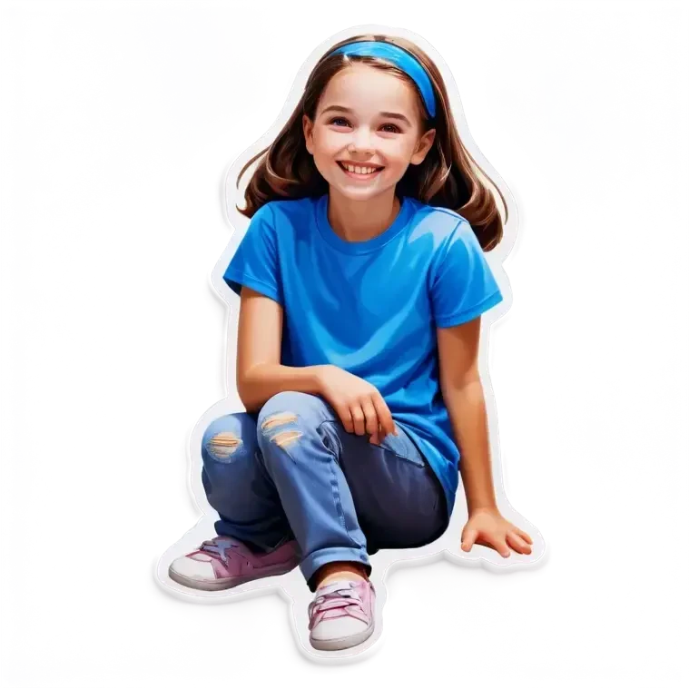 Little Girl, white skin, bronze hair, smile, tutor, bright blue t shirt, icon  emoji