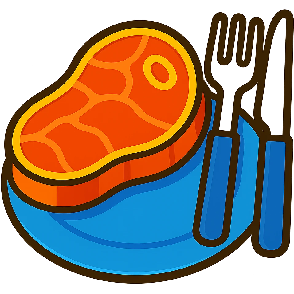 Add a plate under the steak, fork, and knife. Keep the vibrant toon style with no background. emoji