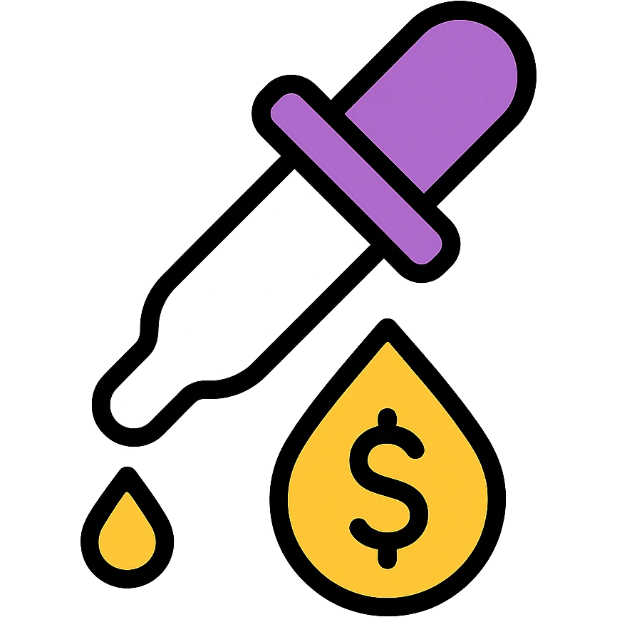 colored icon of a pipette with a golden drop, dollar sign inside the drop emoji