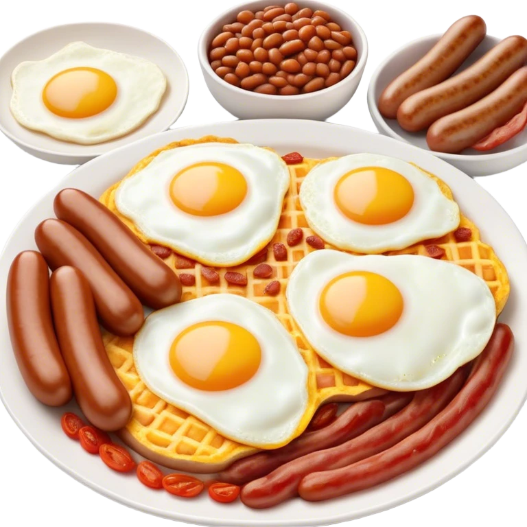 Cinematic Realistic English Breakfast Dish Emoji, showcasing a hearty ensemble of eggs, bacon, sausages, baked beans, and grilled tomatoes rendered with lifelike texture and vibrant, appetizing detail that exudes comforting tradition. emoji