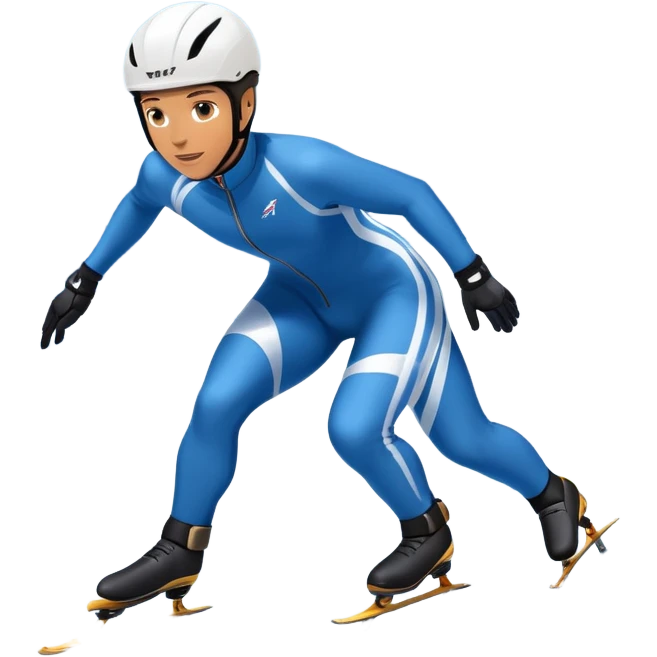 An icon showing a professional speed skater leaning into a turn on a polished ice track, dressed in a sleek suit and helmet. The scene includes a grand arena, snow-covered mountains in the distance, and a crisp blue sky. Transparent background highlights speed and precision. emoji