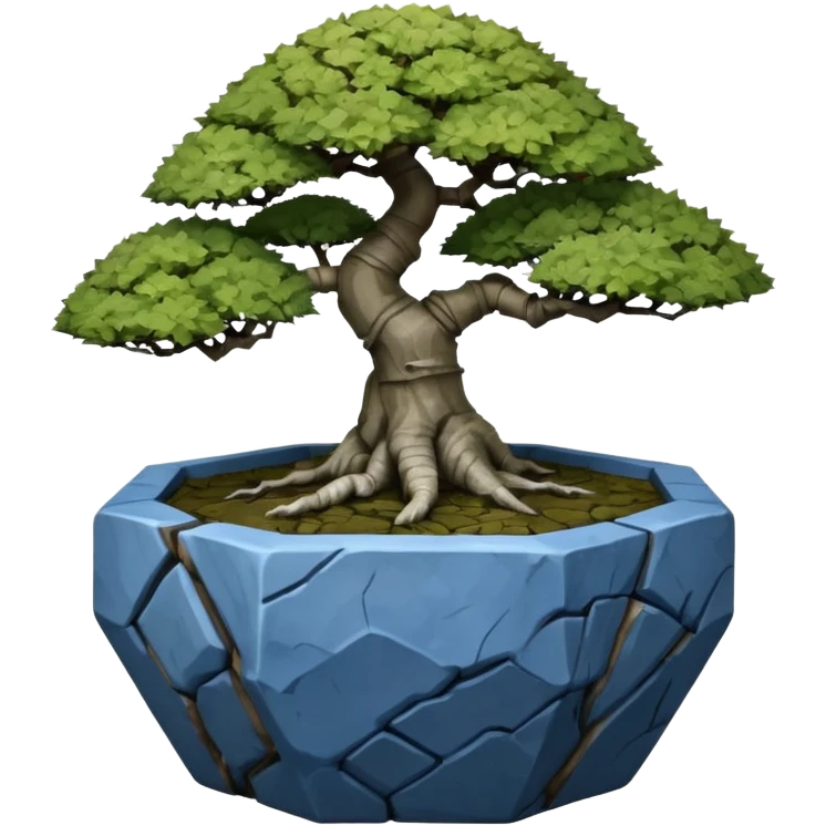 Singapore very old broken intricate Stone Age rocky-crusted dodecahedron-shaped shallow dark moss rough bark blue maple tree bonsai pot emoji
