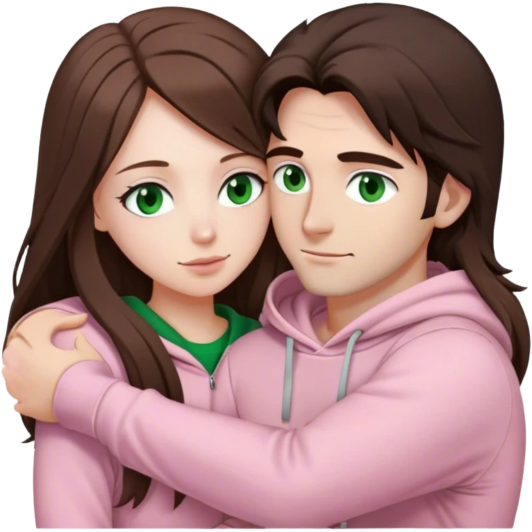 white woman with very long brown hair and green eyes in a light pink outfit hugging a white man with dark brown hair and black hoodie emoji