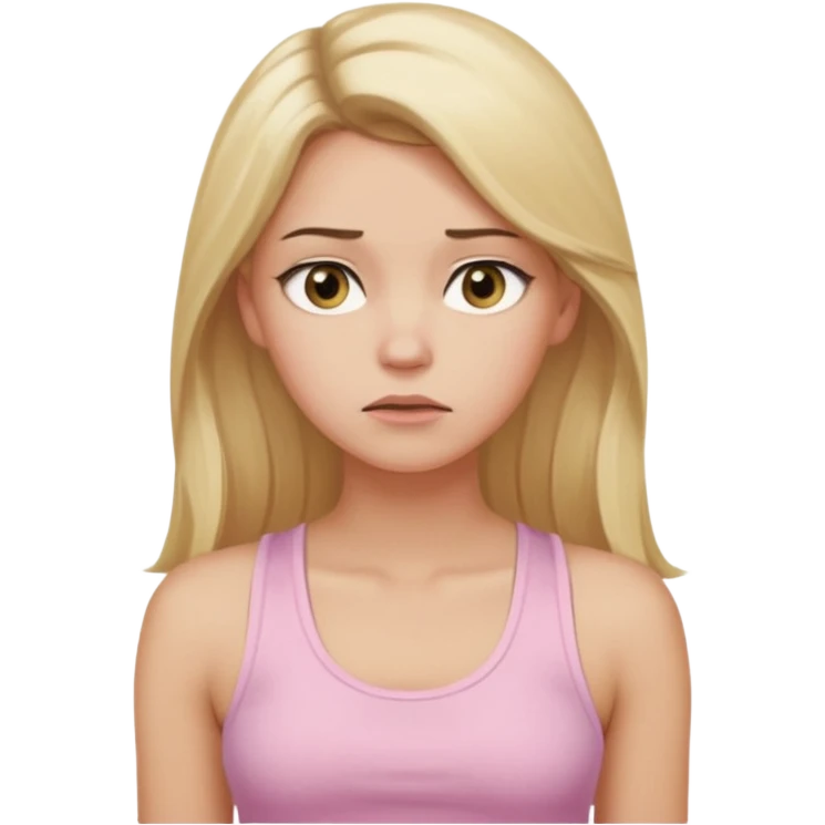 Create a young woman with long blonde hair, golden eyes, and medium-light skin tone, wearing a light pink tank top and leggings. She should be in portrait mode, but with a subtle doubting facial expression—slightly raised eyebrow, small frown, .  and her hand next to her chin like a thinker emoji