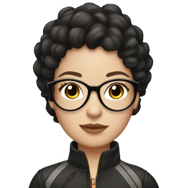 a white - skinned girl wearing round rosegold glasses, layer blackhair ride a race car and be stylish emoji