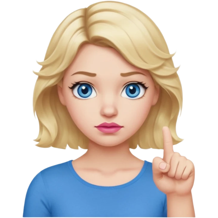 Girl Blonde short wavy hair,  blue eyes, cute blue top, long lashes, pink lips, thumbs down 👎  emoji