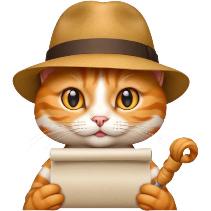 Cat wearing hat and holding a clue emoji