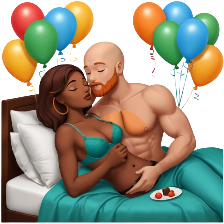 Muscular Bald white male who has a orange beard & blue eyes, passionate kissing curvy African American dark brown woman who has long brown/black hair wearing dark green lingerie Laying in bed with chocolate birthday cake & balloons, displaying tenderness, physical romance, pairbonding & affection emoji