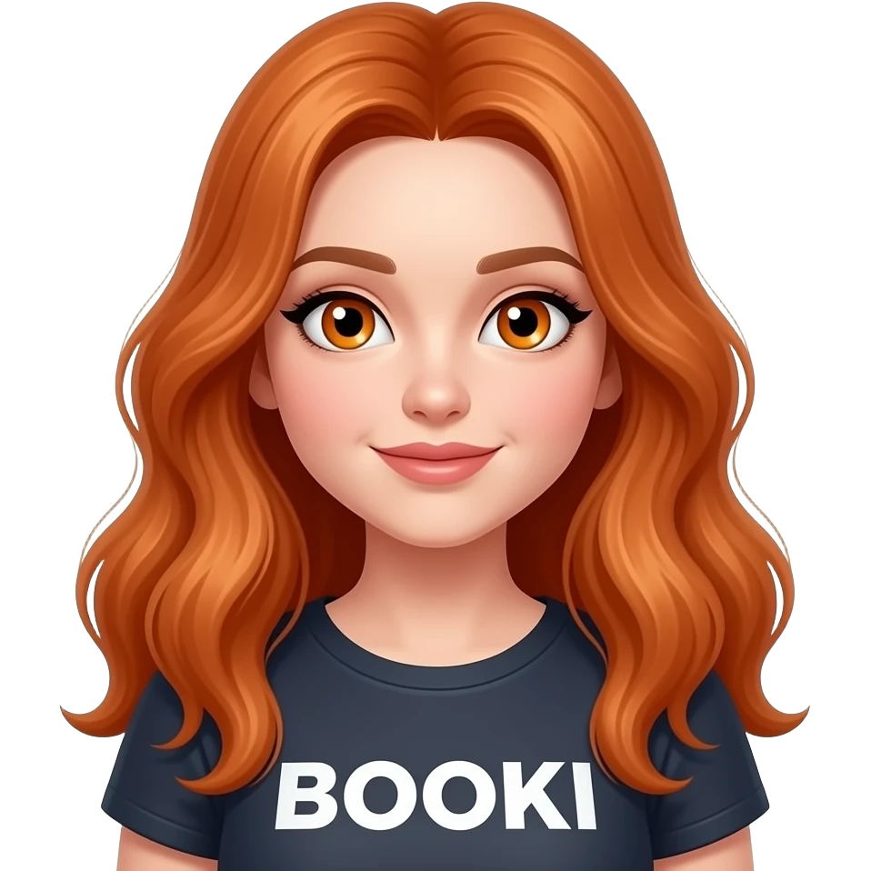 sexy girl with long ginger hair and ginger eyes a top with BOOKI written on it emoji