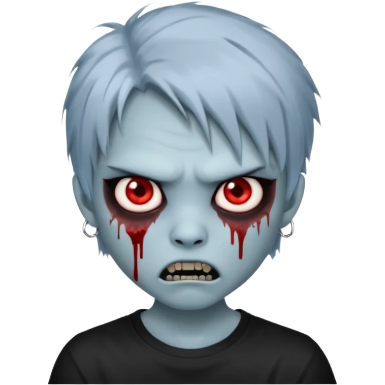 3D emoji-style avatar with very pale blue-grey zombie skin , a young Asian face, and large eyes with blood tears. Give it white litle bit messy mullet hair style , silver hoop earrings, and a plain black T-shirt. The face expression should be slightly angry, with vampire fang emoji