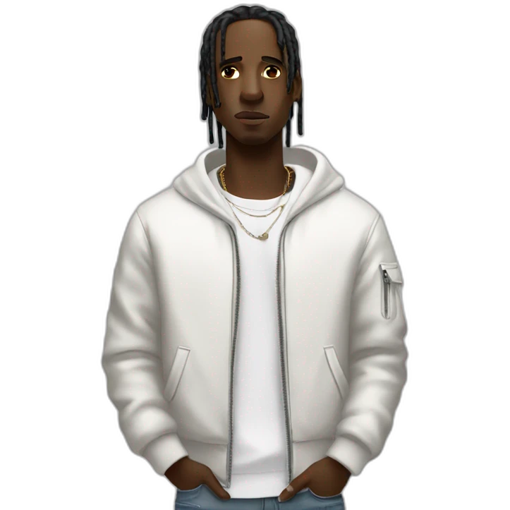 A black man like travis scott wear futurestic white Clothes emoji