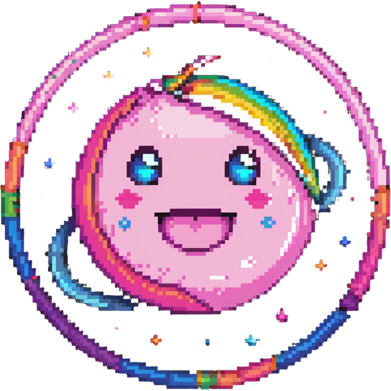 pink planet with vibrant rainbow rings and a cute winking face emoji
