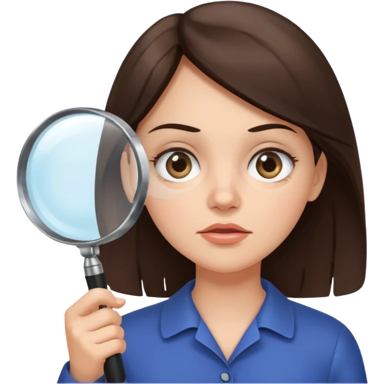A brunette woman holding a large magnifying glass and squinting at something to intently emoji