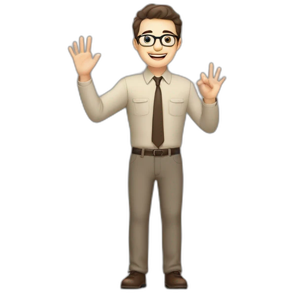 To belt Actively gesturing with hands Okay Pale skinned fit man with dark brown hair in gray jacket, beige office shirt, brown tie, brown pants and vintage glasses. emoji