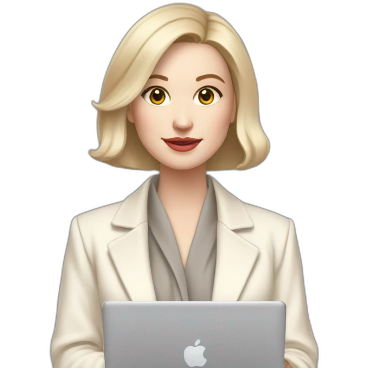 pale skin woman with ash blonde Straightened bob Hair, White Spacious classical jacket, beige palazzo Arrow pants and gray blouse holding a MacBook in the hands emoji