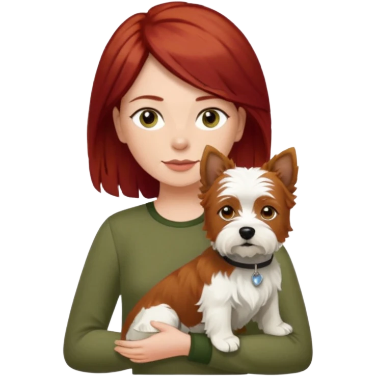 Westhighland white terrier dog being held by woman with dark shoulder length red hair and hazel eye wearing olive green top emoji