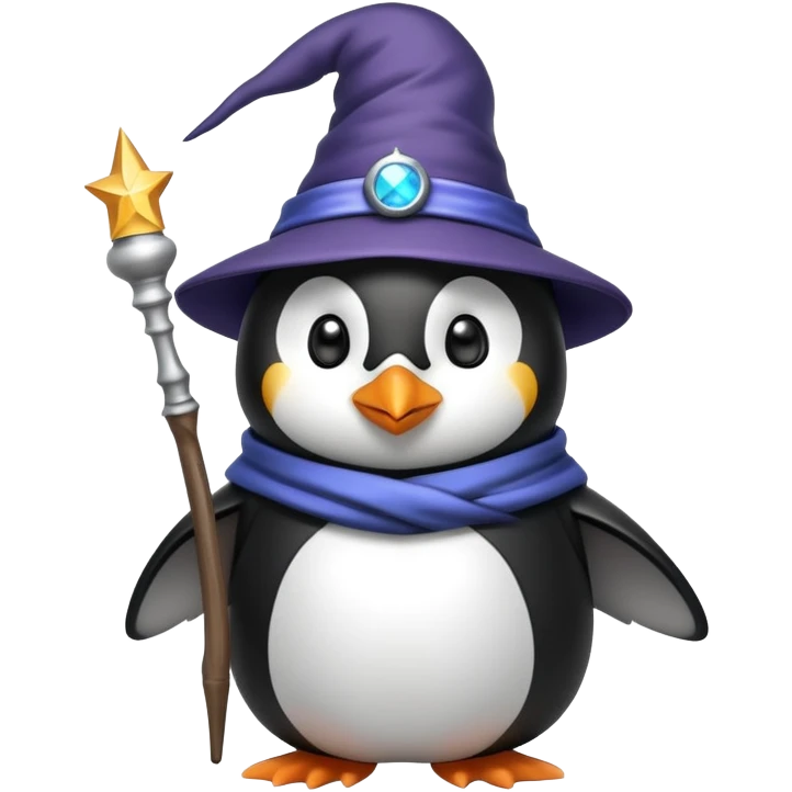 penguin wearing a wizard hat and holding a magic wand emoji