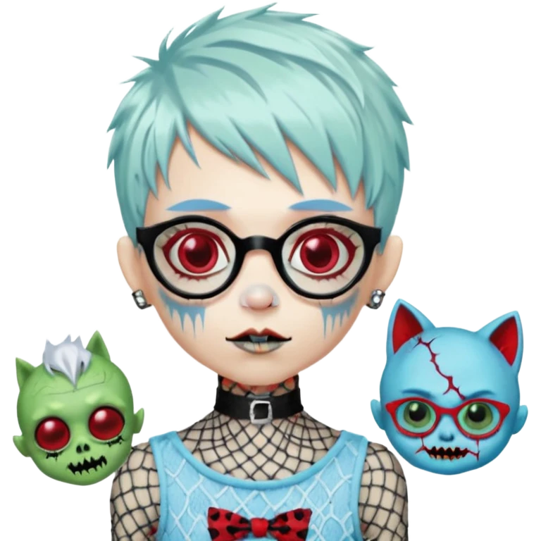 White hair, Ghoulia yelps monster high doll in scene/emo style cherry print dress with fishnet sleeves, clothes, thin, small, red, rectangle glasses, pale white-blue skin, pale-green shaggy pixie-cut , zombie scars , boy, punk choker emoji