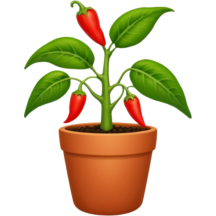 Potted green pepper plant with small red peppers growing on it emoji