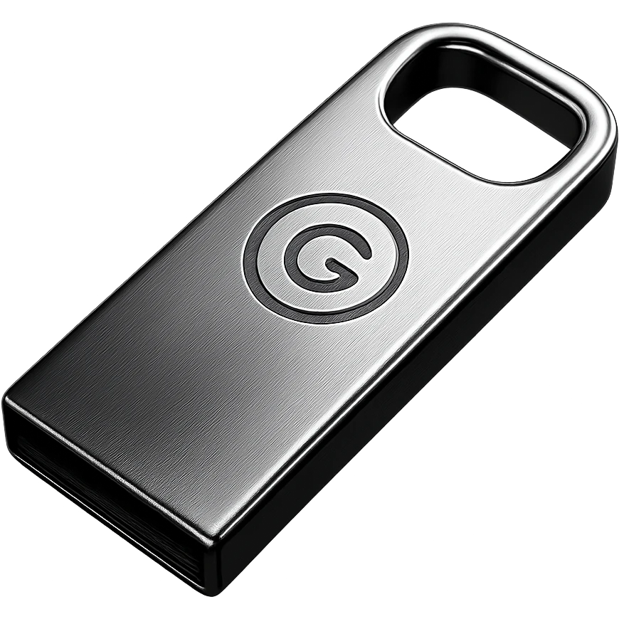 minimalist logo on a sleek metallic USB drive, modern branding gadget emoji