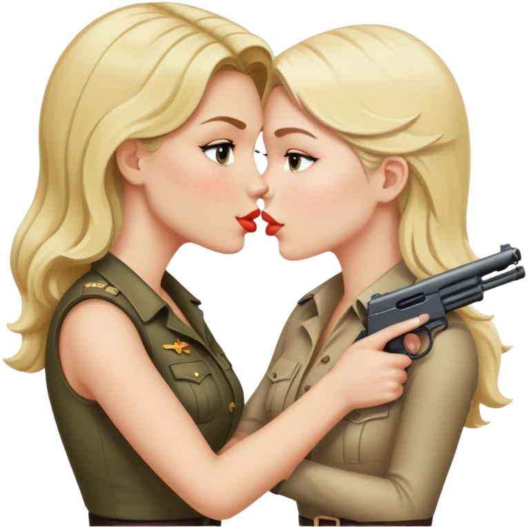 blonde woman kissing brunette woman. both holding guns.  emoji