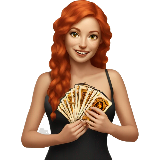 red hair beautiful girl with brown tarot gold cards emoji