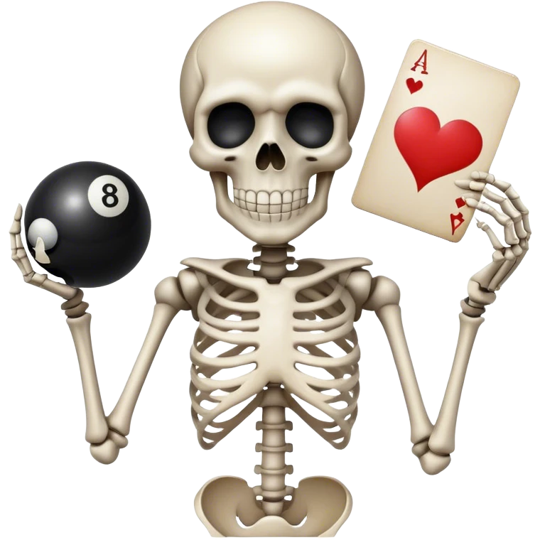 Skeleton holding 8  ball and ace card emoji