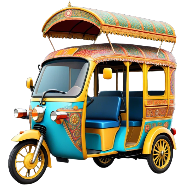 Cinematic Realistic Indian Auto Rickshaw Emoji, depicted as a colorful, bustling auto rickshaw with intricate designs and vibrant hues, rendered with lively textures and dynamic urban lighting that captures its quintessential presence in Indian cities. emoji