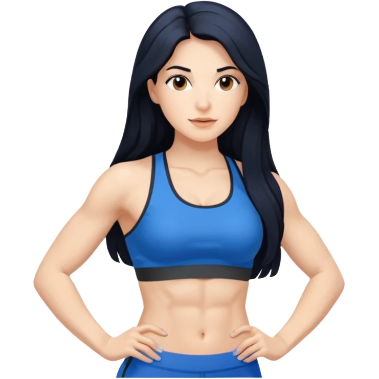 Spanish woman with long black hair, in a blue fitness gym fit with abs emoji