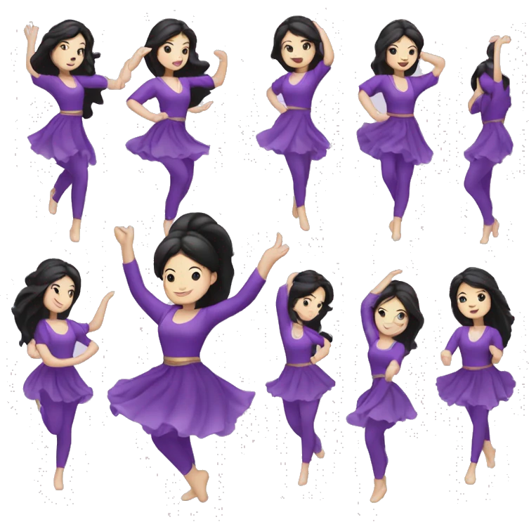  illustrated logo, kawai woman, white woman dancing, long black hair, bright eyes, purple clothing, white skin emoji