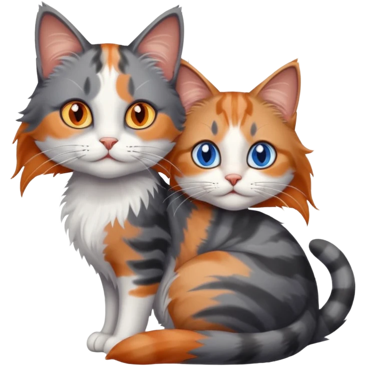 longhair calico cat with blue eyes and longhair grey tabby cat with orange eyes cuddling emoji
