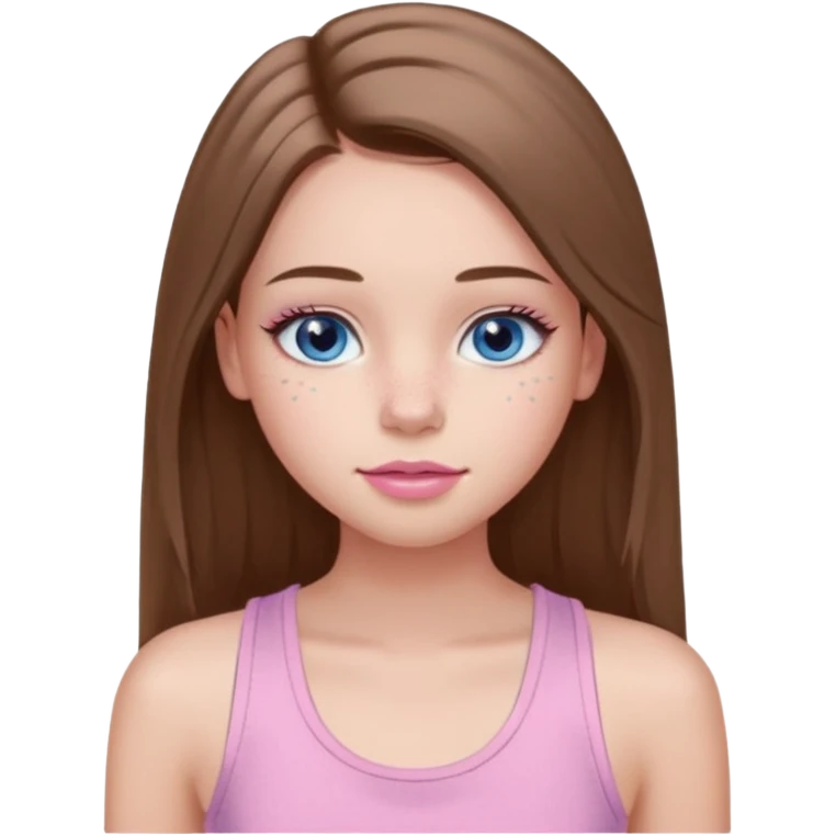 Create a TEENAGE girl with LONG and straight light brunette hair with a middle part, light skin, light freckles, and blue-gray eyes. She will have pink lips and LONG eyelashes. She will be wearing a light pink tank top emoji