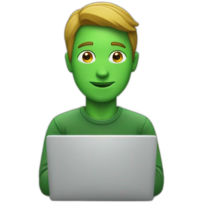 man, with a laptop, green stone logo on the laptop emoji