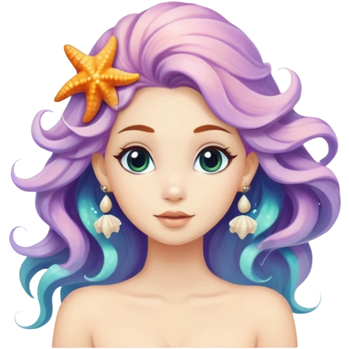 mermaid with seashells in hair, starfish earrings, ocean hair emoji