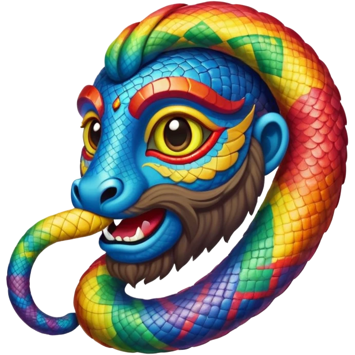 Oxumarê, African deity as rainbow serpent with human face, having a small goatee beard and a beauty mark on the left side below the lip emoji