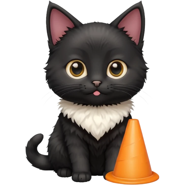 A mostly black kitten with a white chest and a plastic cone on emoji