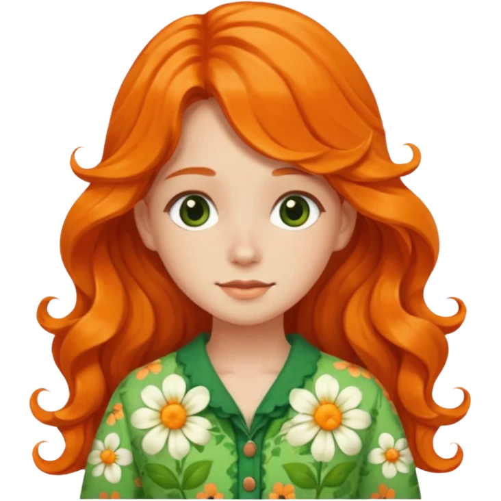 orange wavy long hair girl with wearing green cottage core flowery clothes emoji