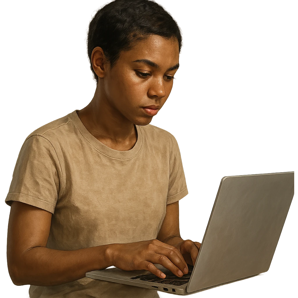 A young woman with short dark hair and a dark skin tone, focused on her laptop, minimal background, realistic style, natural lighting, detailed emoji