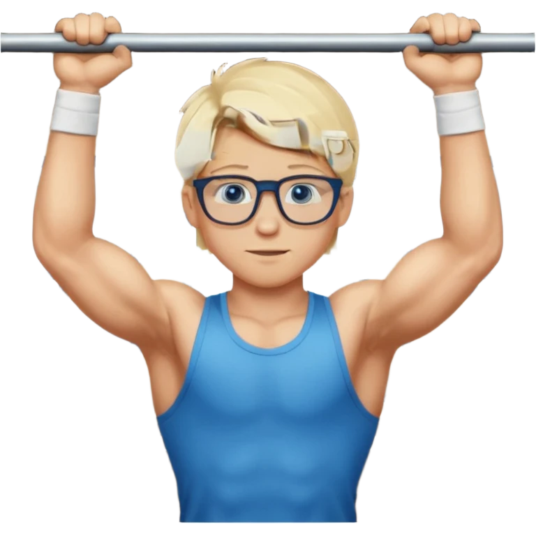 Wygeneruj mi emotke ubranego chłopaka i pokaż go od stóp do głów o włosach blond z niebieskimi oczami w okularach, który próbuje wisieć na drążku emoji