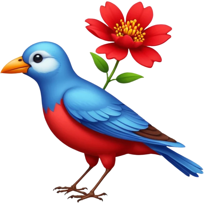 A bird carrying a red flower emoji