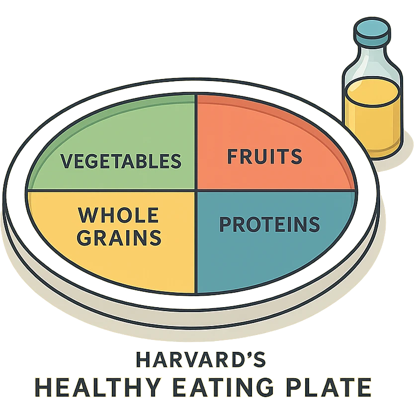 Harvard plate in isometric view, plate with colored sectors and labels (vegetables, fruits, proteins, whole grains, oils), very detailed drawing, shadows and highlights, clean contours, soft lighting, transparent background. emoji