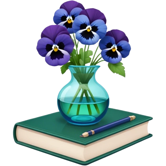 Aesthetically arranged books in dark green and next to them a bouquet of blue pansies in a light green glass vase emoji