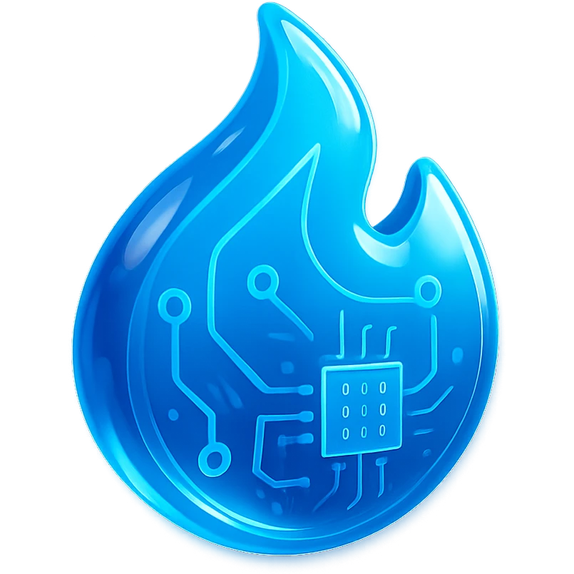 stylized blue flame, glowing, glossy circuit board details emoji