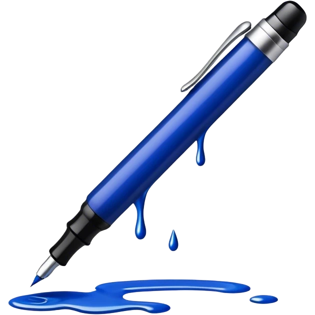 Create a vibrant emoji featuring a classic ink pen (fountain pen) as the main symbol of prose writing. The design should highlight the elegant curves of the pen, with ink flowing from the nib onto a blank page or scroll. Use deep ink blue, black, and subtle metallic accents to convey sophistication and creativity. The emoji should be simple yet striking, representing the art of storytelling. Make the background transparent. emoji