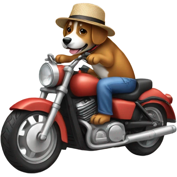 A dog wearing a hat riding a motorcycle emoji