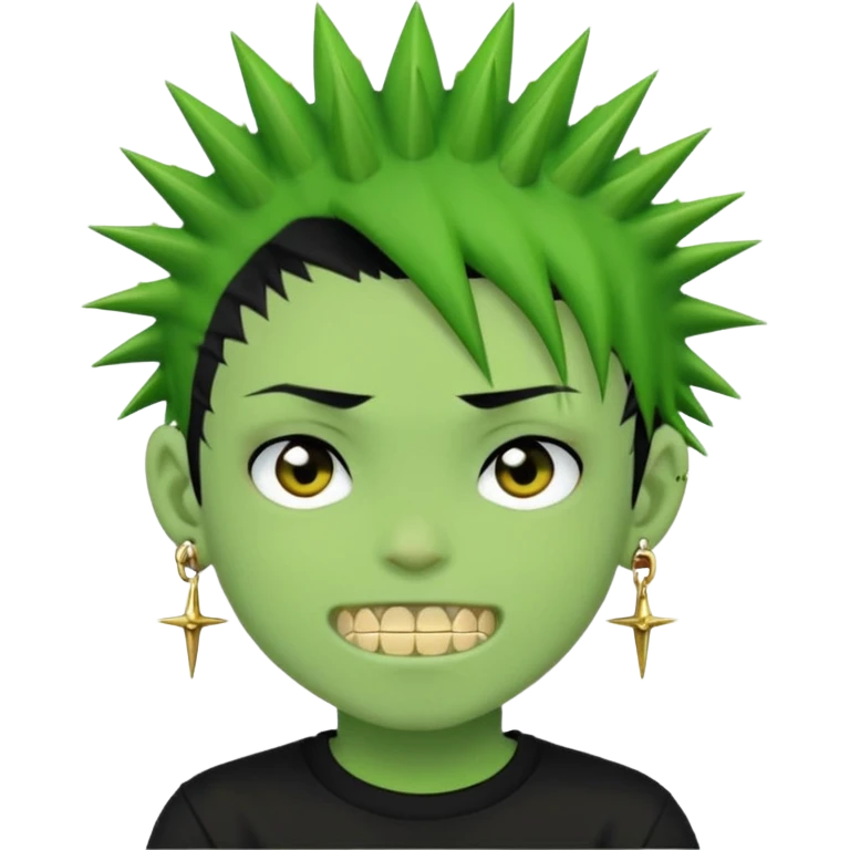 green zombie boy with spiky black emo hair and a black shirt with piercings and gold grilzz  emoji