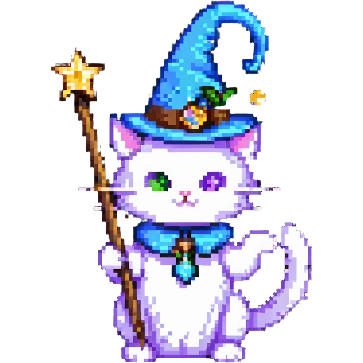 A cat wizard with a pointy hat and a magic wand emoji