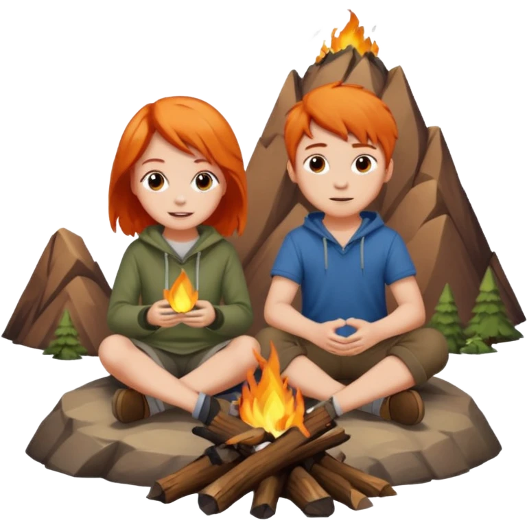 A girl with orange hair and a boy with brown hair sitting on the top of a mountain in front of a campfire emoji
