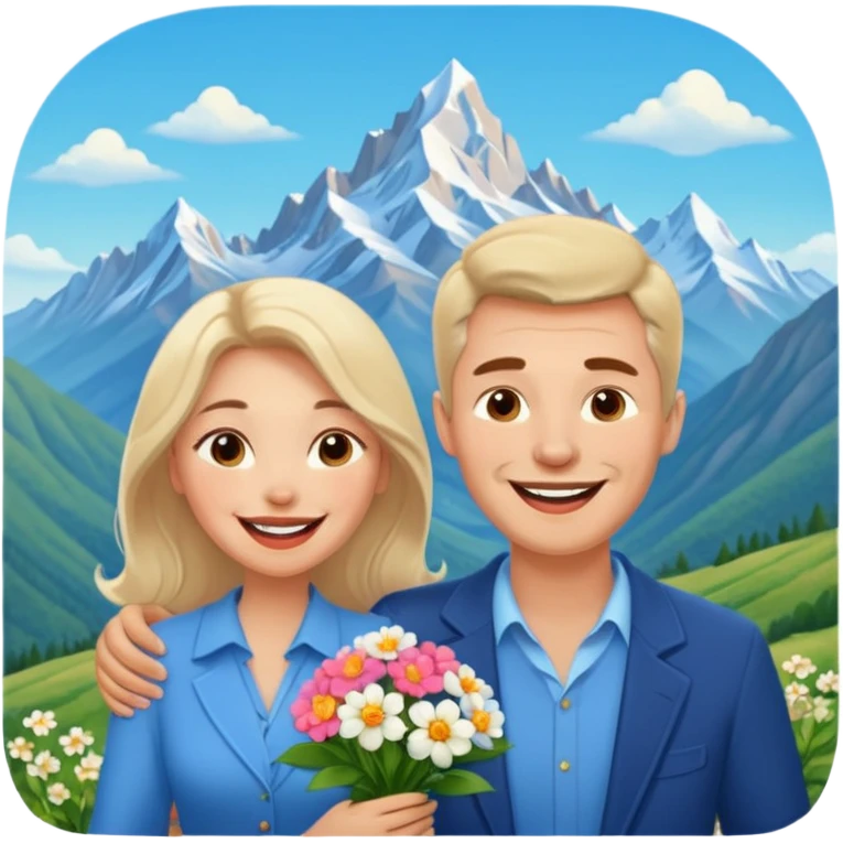 Couple  laughing traveling russian man and elegant  Latina girl delicate flowers and mountains in the background  emoji