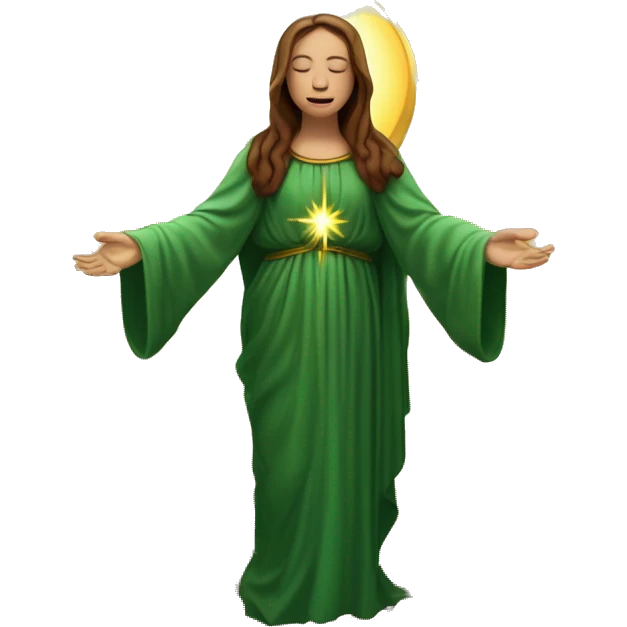 Virgin Mary: kind face looking down at the left, long brown hair, Wearing an emerald green  robe with gold stars and a burgundy red dress,  Hands in prayer or blessing. Halo around her head. standing in front of a big sun. colorful roses on the sides  emoji